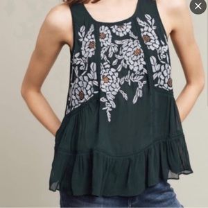 Floreat Dark Green Floral Embroidered Tank